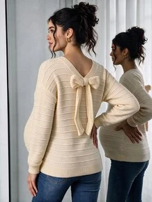 Momance Maternity Solid Color Drop Shoulder Long Sleeve Sweater With Bow Back Decor Photoshoot Formal White Fall And Winter Maternity Casual - Apricot - View 1