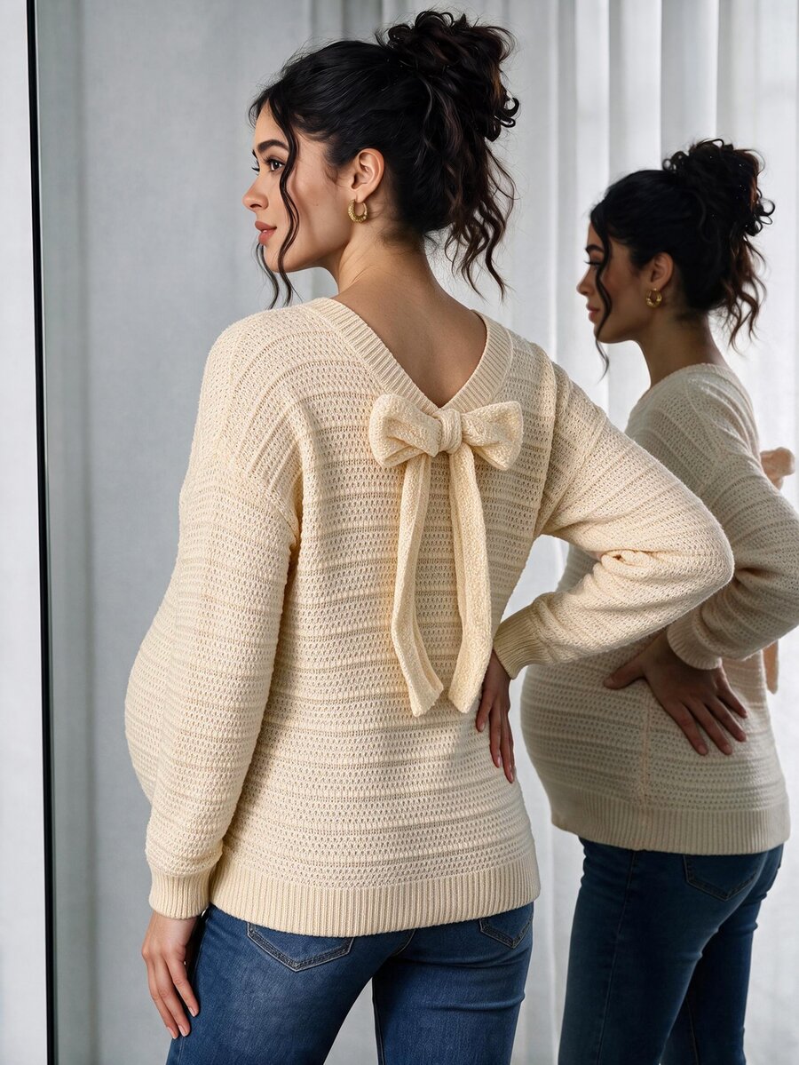 Momance Maternity Solid Color Drop Shoulder Long Sleeve Sweater With Bow Back Decor Photoshoot Formal White Fall And Winter Maternity Casual - Apricot - View 1