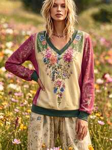 Balvessa Allover Floral Printed Contrast V-Neck Top, Retro Spliced Loose Casual Pullover Sweatshirt - Multicolor - View 6