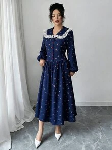 Modelyn 女款海軍藍小碎花印花蕾絲娃娃領前開鈕扣主教袖收腰A字喇叭裙擺中長洋裝，復古田園風，適合秋季感恩節 - 藏蓝色 - 查看 5