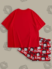 Betty Boop x SHEIN Plus Size Women's Short Sleeve T-Shirt And Shorts Pajama Set - Red - View 2