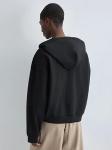 Merionis Men's Solid Color Drop Shoulder Long Sleeve Zip-Up Casual Hoodie - Black - View 2