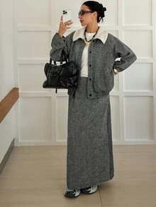 Strévra Women's Colorblock Lapel Single-Breasted Jacket And Skirt Casual 2 Pieces Set - Grey - View 3
