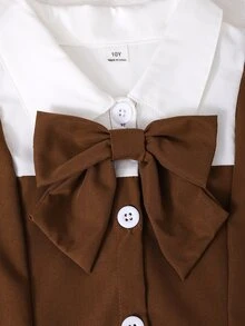青少年女孩拼色襯衫領泡泡長袖上衣搭配鬆緊腰褶皺裙，學院風，適合春秋校園穿著 - 棕色 - 查看 4
