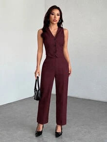 SHEIN PETITE 休閒無袖開襟背心與寬鬆長褲套裝，秋冬款 - 酒紅色 - 查看 4
