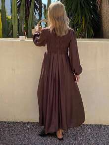 Dazy Maternity Solid Color Fitted Waist Ruched Pleated Long Sleeve Elegant Vacation Korean Style Autumn/Winter Maternity Dress - Brown - View 2