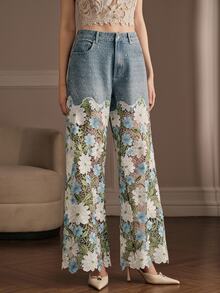 Anewsta Women's Elegant Floral Lace Patchwork Straight Leg Denim Jeans With Pockets - Blue - View 5