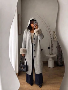 Zayélia Women's Dropped Shoulder Long Sleeve Single-Breasted Patchwork Faux Fur Cuff Hooded Regular Jacket - Multicolor - View 5