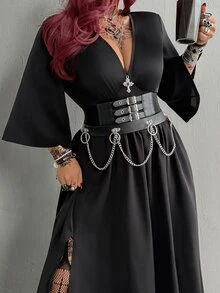 Whyspr Gaun Panjang Lengan 3/4 Kasual Leher V Modis untuk Wanita, Cocok untuk Halloween - Hitam - View 5