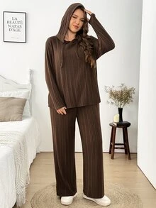 Easowa Curve Plus Size Autumn/Winter Casual Solid Color Hoodie & Pants 2 Pieces Set - Coffee Brown - View 5