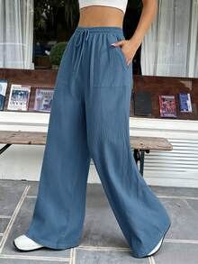 SHEIN EZwear 休閒寬鬆藍色梭織長褲 - 藍色 - 查看 6