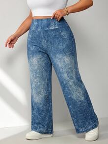 SHEIN CURVE+ 大尺碼女款寬腰帶喇叭褲，適合各種腿型 - 藍色 - 查看 5