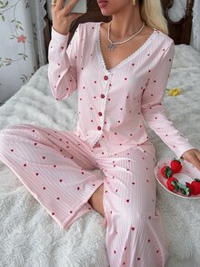 CottageSlumber PINK Heart Print Ribbed Knit Contrast Lace Cardigan Casual Women's Pajama Set - Pink - View 1