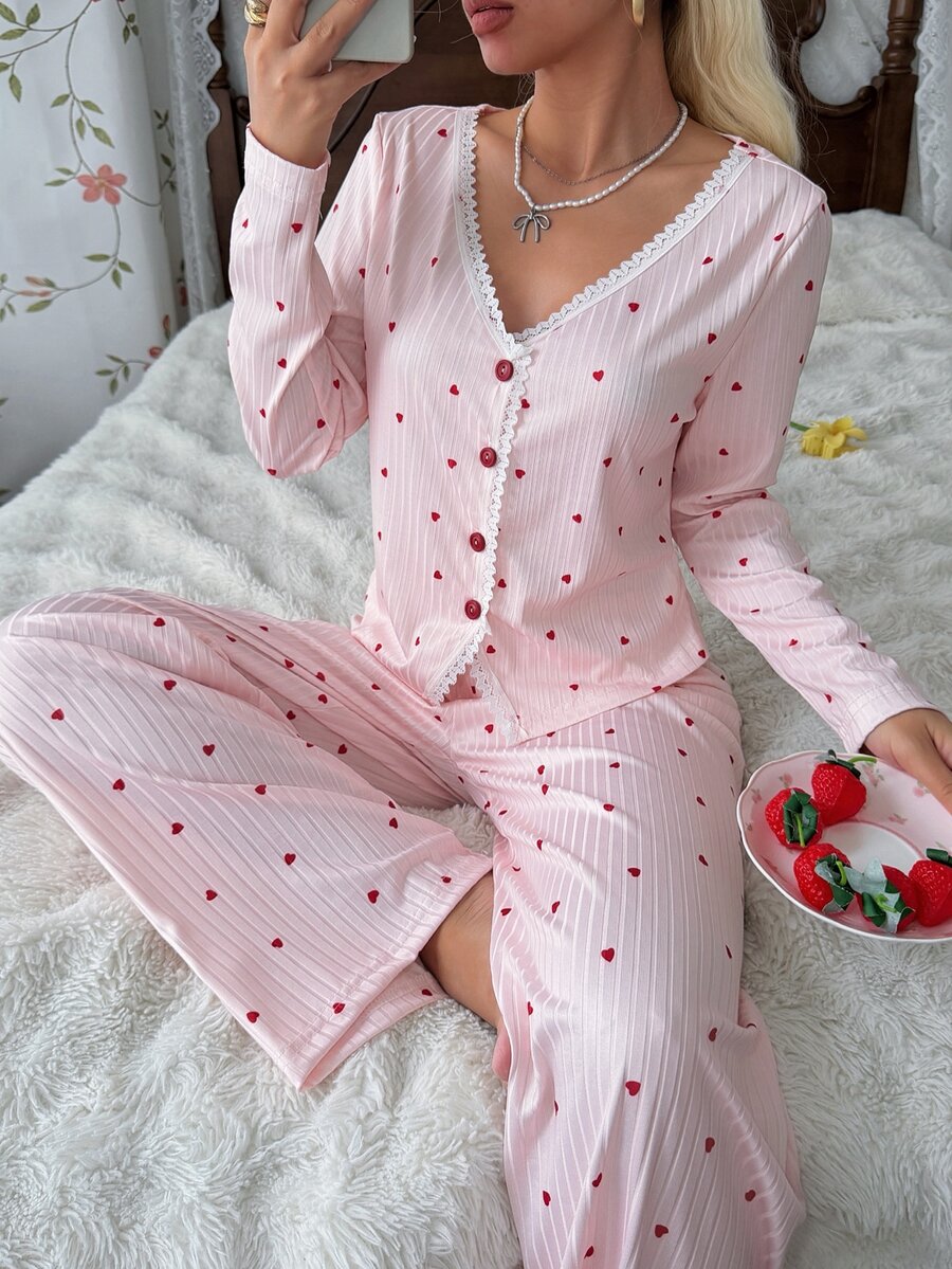 CottageSlumber PINK Heart Print Ribbed Knit Contrast Lace Cardigan Casual Women's Pajama Set - Pink - View 1