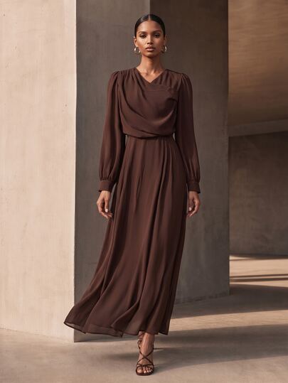 SHEIN Veneréa Deep Brown Chiffon V-Neck Cinched Waist French Lantern Sleeve Full Skirt Dress