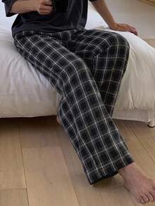 DAZY 男士春秋黑色格紋刷毛布料鬆緊腰長款居家休閒長褲 - 黑色 - 查看 4