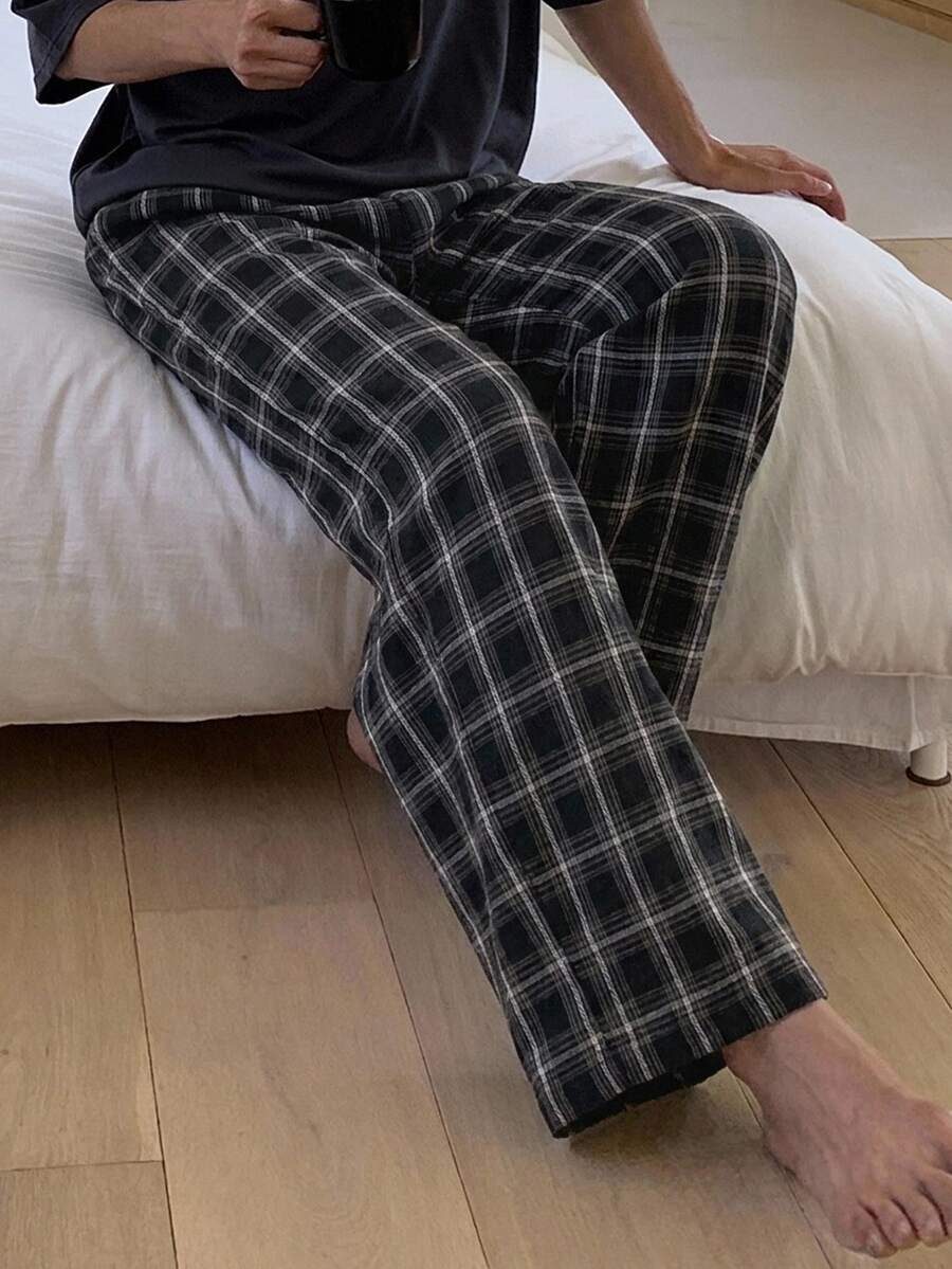 DAZY Men's Spring/Autumn Black Plaid Brushed Fabric Elastic Waist Long Loungewear Bottoms - Black - View 1