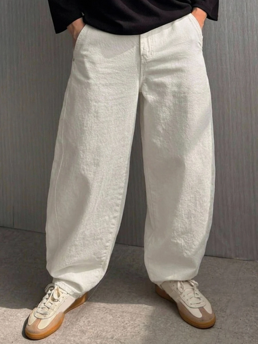 DAZY Spring/Autumn White Washed Distressed Straight Leg Loose Fit Korean Style Men's Plus Size Jeans - White - View 1