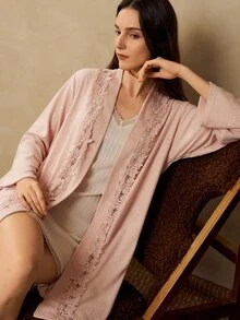 MOTF PREMIUM WOMEN'S SOLID COLOR CONTRAST LACE LONG ROBE WITH WAIST TIE - Beige - View 1