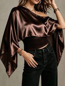 SHEIN 女款純色不對稱領時尚襯衫 - 卡其色 - 查看 5