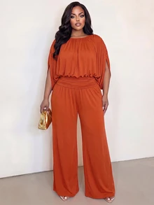 Poshavie Poshavie Plus Size Draped Batwing Sleeve Two Pieces Set, Boat Neck Ruched Top & High Waist Wide Leg Pants Eleg - Rust Brown - View 6