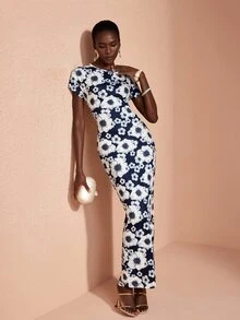 JIAN LASALA Multi Floral Print Short Batwing Sleeve Back Slit Long Dress Vacation Party Casual - Multicolor - View 7