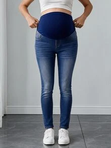 SHEIN Quần jeans denim ôm co giãn cho bà bầu - Rửa tối - Xem 6