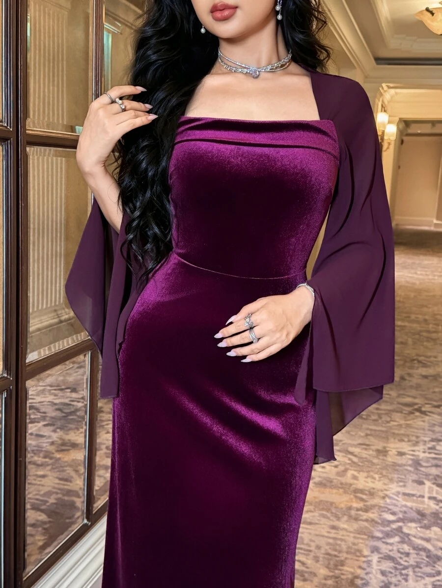 Feyla Women's Solid Color Square Neck Split Sleeve Elegant Long Dress - Purple - View 1