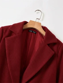 SHEIN EZwear 女款格紋羊毛大衣，內裡字母圖案，秋冬款 - 酒紅色 - 查看 4