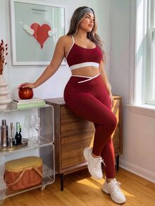 Sovereign Charm Women's Plus Size Colorblock Cropped Camisole And Leggings Sports Set - Red - View 3