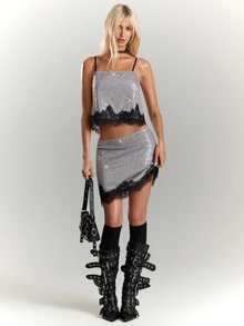 BAD SUNDAY Women's 2 Pieces Set, All-Season Party Outfit With Sequin Fabric Contrast Lace Trim, Spaghetti Straps, Y2K Millennium Hot Girl Style - Silver - View 2