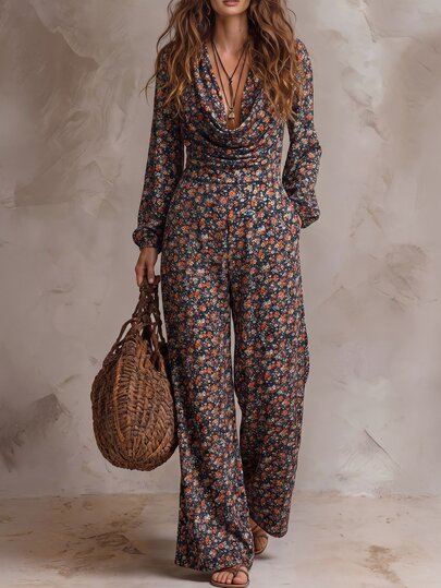 Solivie Women's Autumn Romantic Ditsy Floral Cowl Neck Fashion Jumpsuit