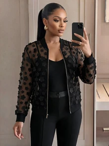 SHEIN Lady Plus Size Autumn Fashion 3D Floral Decor Mesh Jacket - Black - View 6