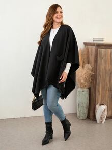 EMERY ROSE Cardigan Syal Rumbai Modis Warna Polos Ukuran Plus Wanita - Hitam - View 4
