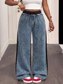 Slaydiva Plus-Size Women's High-Waisted, Loose-Fit, Wide-Leg Denim Jeans In Blue With Color-Block Lace-Up Detailing.Autumn - Blue - View 2