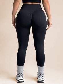 SHEIN Rhythm Era Seamless High Elasticity Plus Size Women's Sports Leggings - Black - View 4