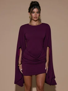 SHEIN BAE Fall Winter Plum Purple Cape Sleeve Round Neck Bodycon Ruched Sexy Mini Dress Thanksgiving Party Cocktail Short Dresses - Rose Red - View 5