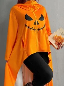 Whyspr Plus Size Halloween Pumpkin Graphic Print Jacket Fall - Orange - View 5