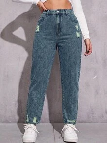 SHEIN ICON Plus Size Women's Casual Vacation Street Style Distressed Non-Stretch Light Gray Jeans - Dusty Blue - View 4