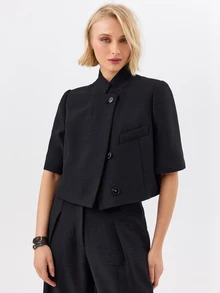 KÆRIA Hus Architectural Stand Collar Cropped Blazer - Textured Tailoring - Black - Matching Suit, Business, Set Office, Work, Classic, Cropped, Chic - Black - View 4
