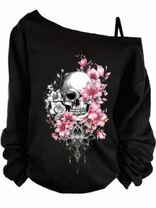 SHEIN VCAY Women's Black Skull Rose Graphic One Shoulder Long Sleeve Top, Gothic Casual Shirt For Halloween Party Outfits - Black - View 1