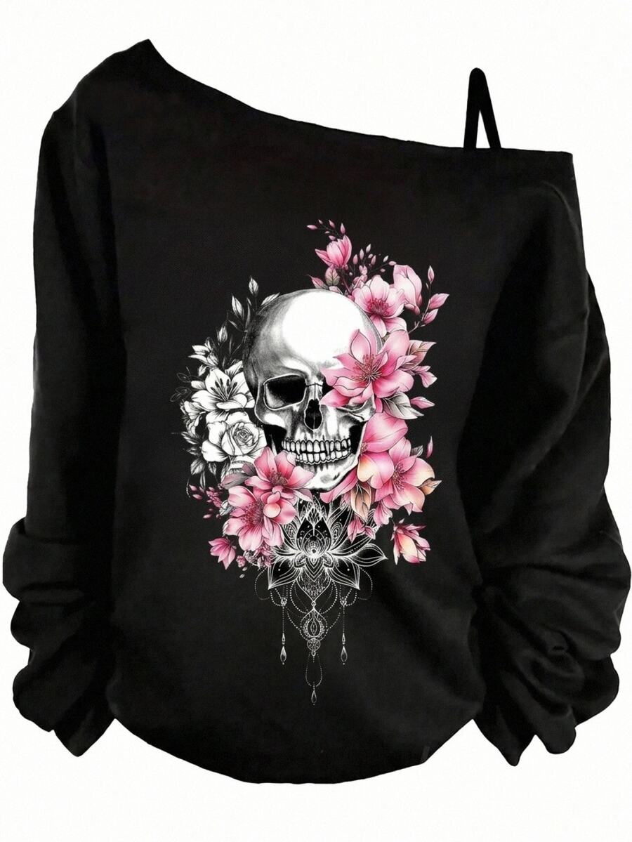 SHEIN VCAY Women's Black Skull Rose Graphic One Shoulder Long Sleeve Top, Gothic Casual Shirt For Halloween Party Outfits - Black - View 1