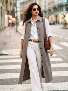 Juhart Vintage Houndstooth Long Sleeveless Plus Size Lapel Single-Breasted Flattering Trench Coat - Multicolor - View 1