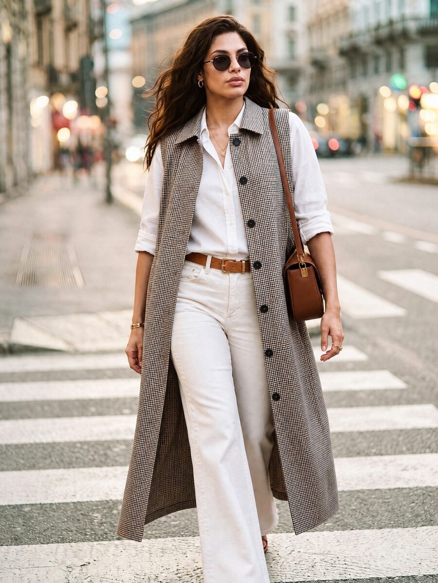 Juhart Vintage Houndstooth Long Sleeveless Plus Size Lapel Single-Breasted Flattering Trench Coat - Multicolor - View 1