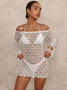 Glamine SHEIN Glamour Women's Solid White Off-Shoulder Long Sleeve Knitted Pattern Texture Hollow Out Cover-Up Dress For Vacation Beach Tropical Sexy Mix And Match Summer - White - View 5