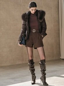 Anewsta Winter Brown Detachable Hood Fur Collar Padded Coat - Coffee Brown - View 3