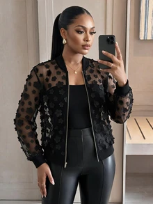 SHEIN Lady Plus Size Autumn Fashion 3D Floral Decor Mesh Jacket - Black - View 1
