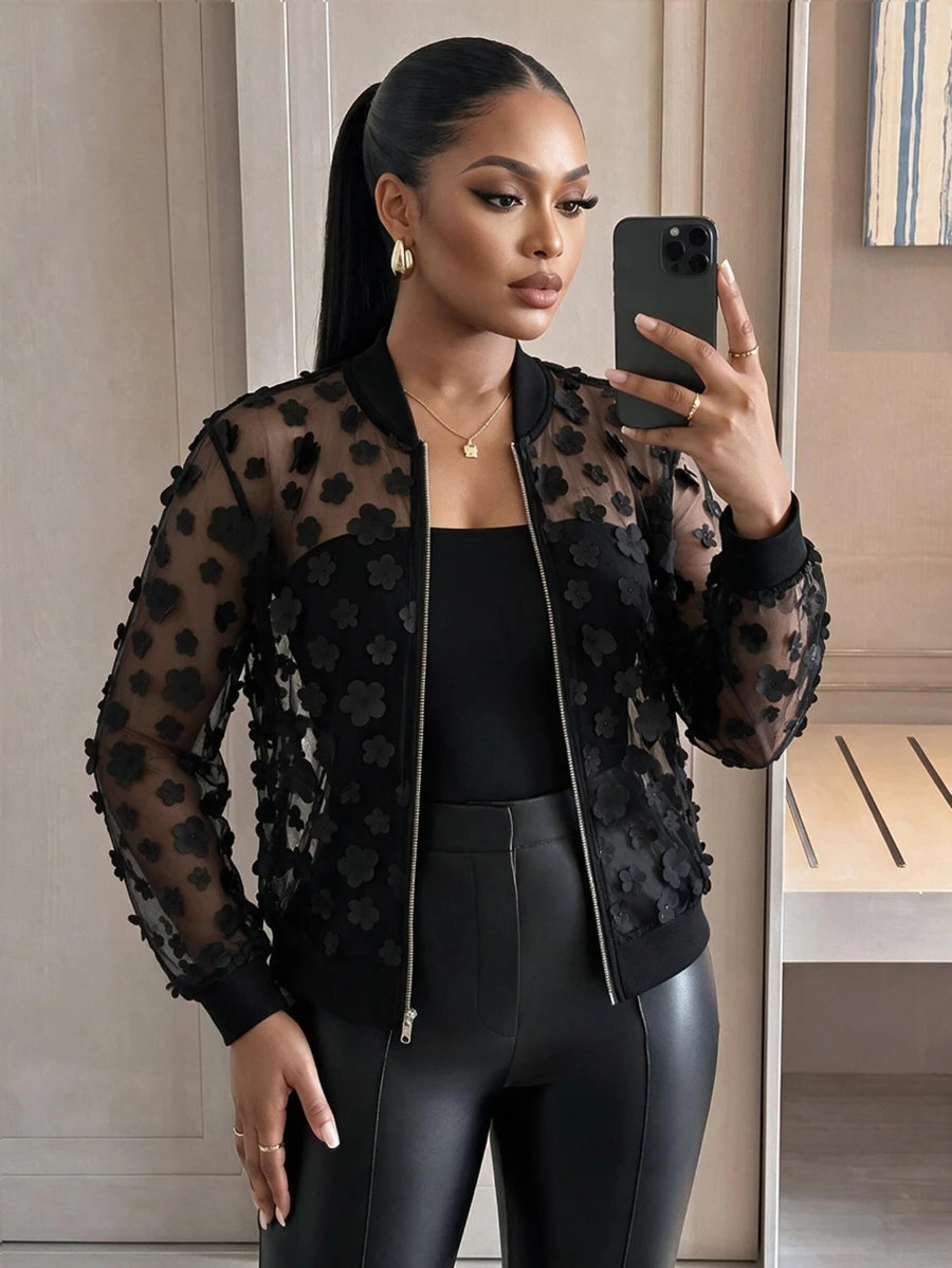 SHEIN Lady Plus Size Autumn Fashion 3D Floral Decor Mesh Jacket - Black - View 1