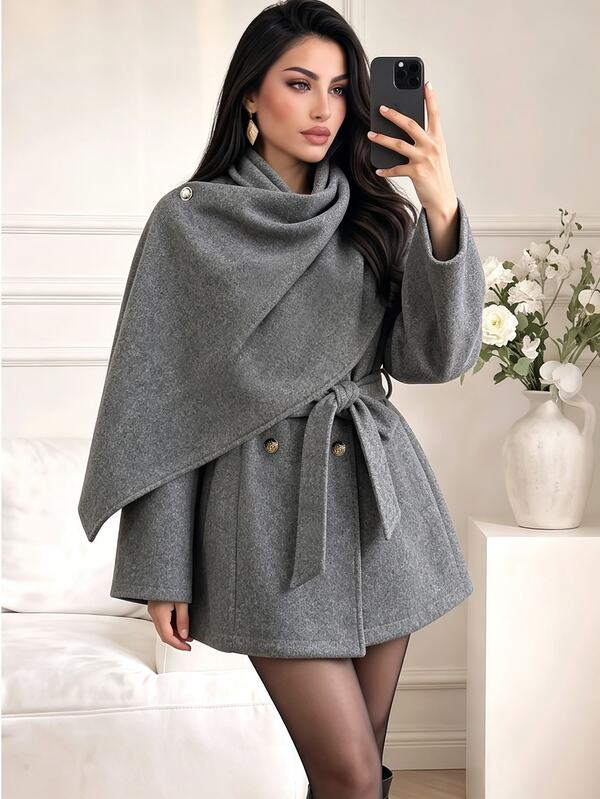 Celisse French Relaxed Design Cape-Style Elegant Sophisticated Vintage Street Commute High-Intellect Office Elite Cinched Cinched Waist-Up Overcoat Versatile Women's Outerwear