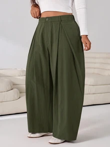 Solflare Plus Size Women's Solid Color Pleated Casual Versatile Daily Travel Long Pants - Army Green - View 5